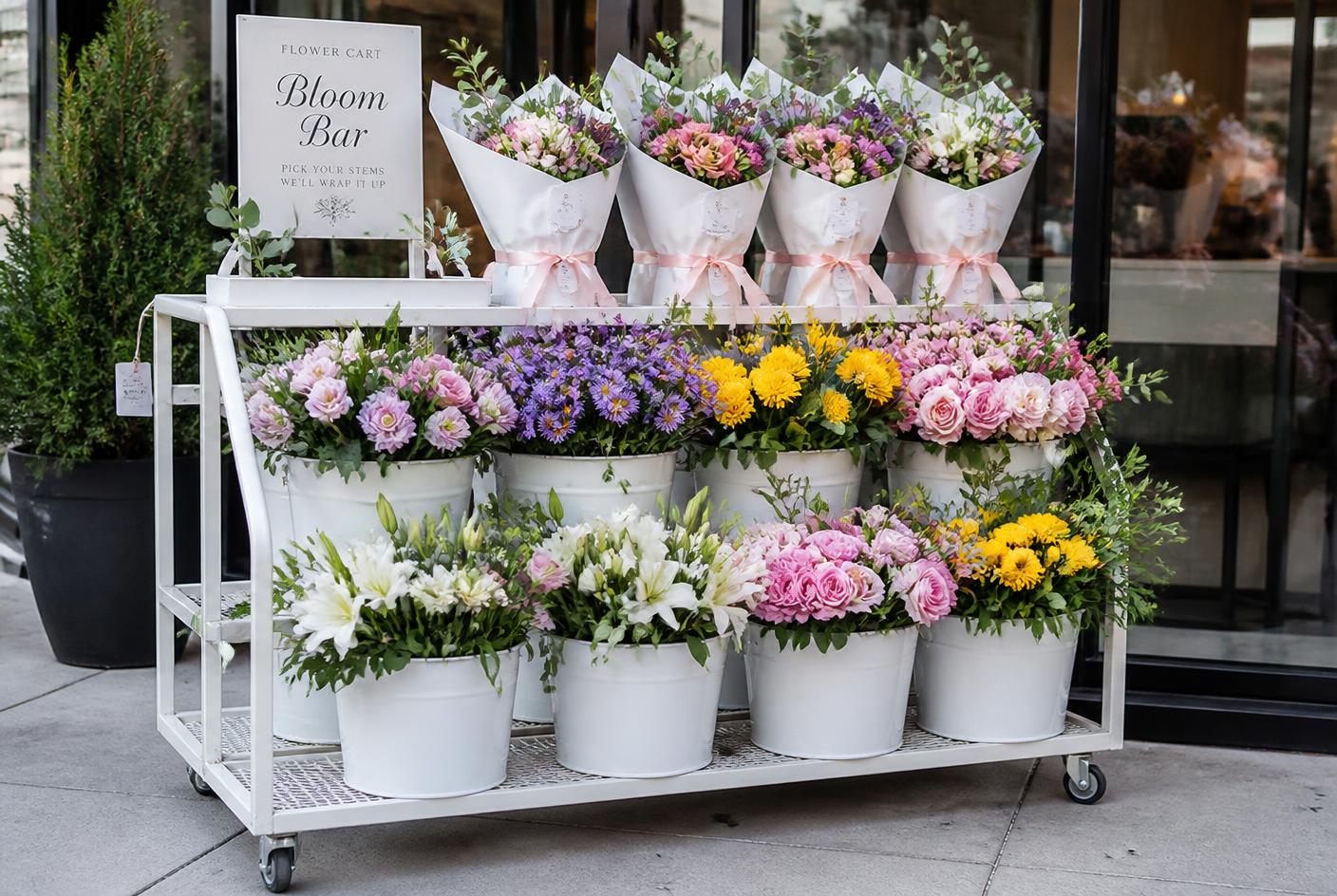 White flower cart bloom bar with buckets of fresh stems and wrapped bouquets