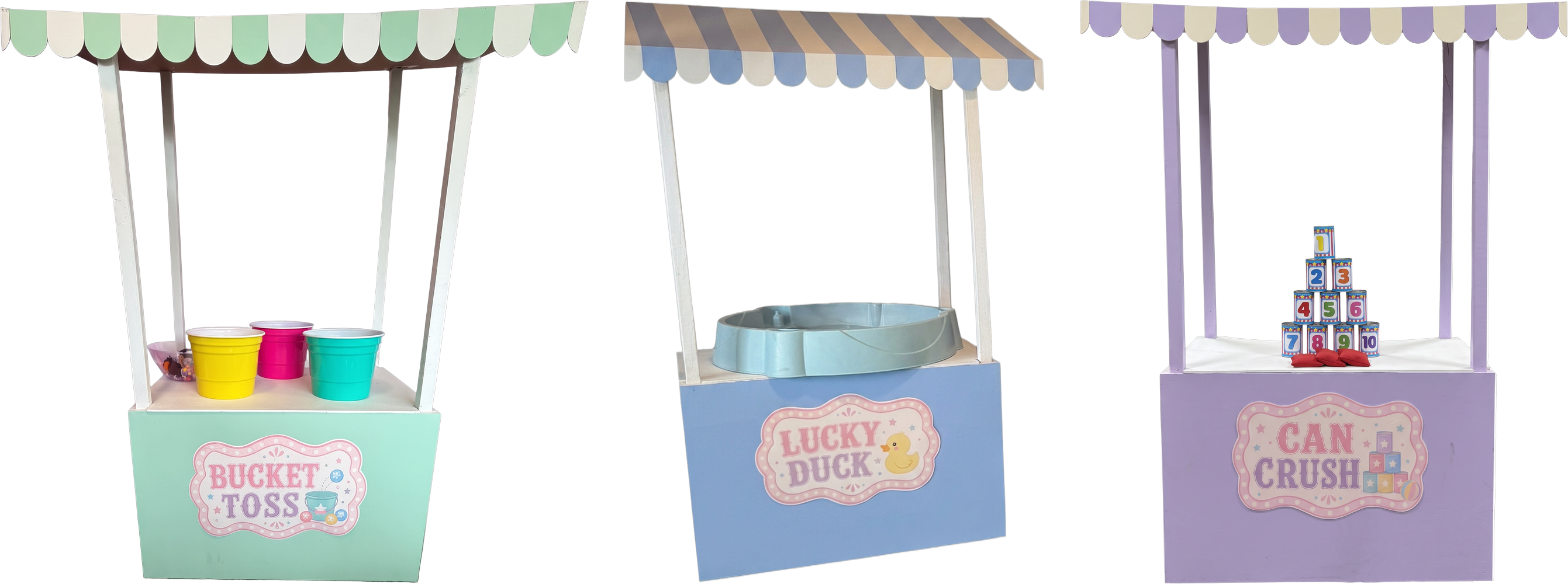 Bucket Toss, Lucky Duck and Can Crush carnival game stands lined up