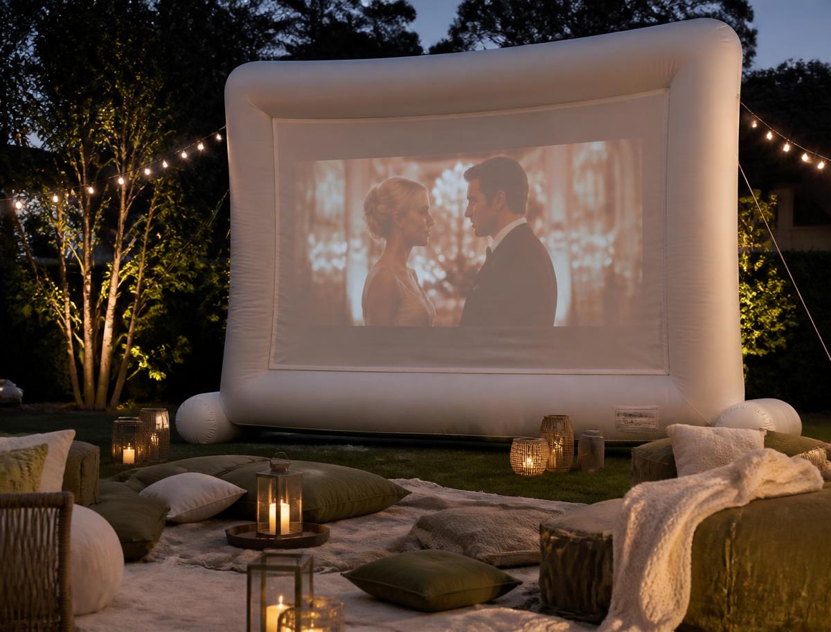 Inflatable blow-up outdoor movie screen on a lawn with cushions, throws and lanterns at dusk
