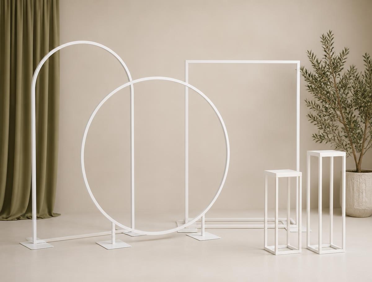 White arch, circle, square and pillar photo backdrop stands