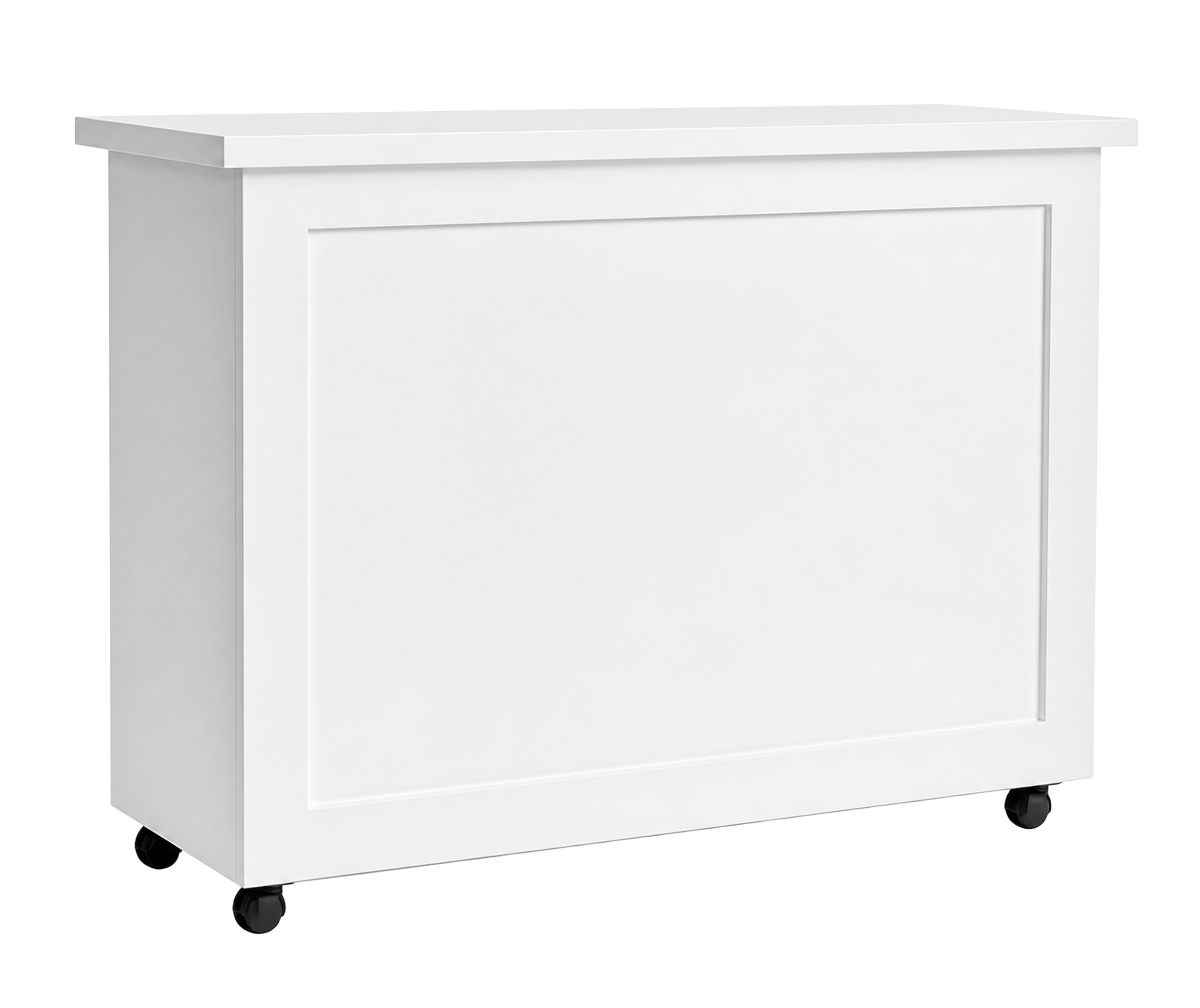 White wooden rolling pop-up bar with a paneled front