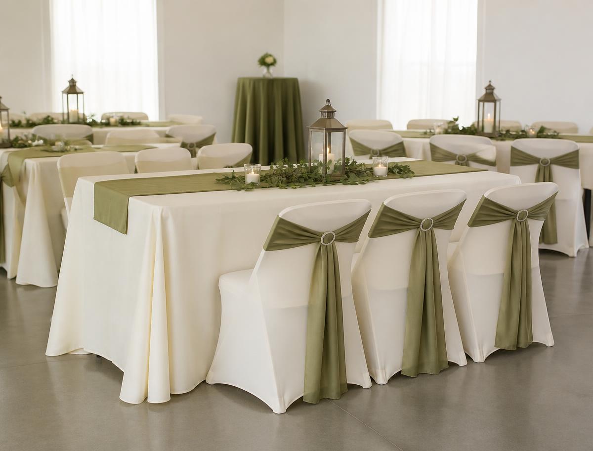 Pop-up folding tables and chairs dressed in ivory covers with olive sashes