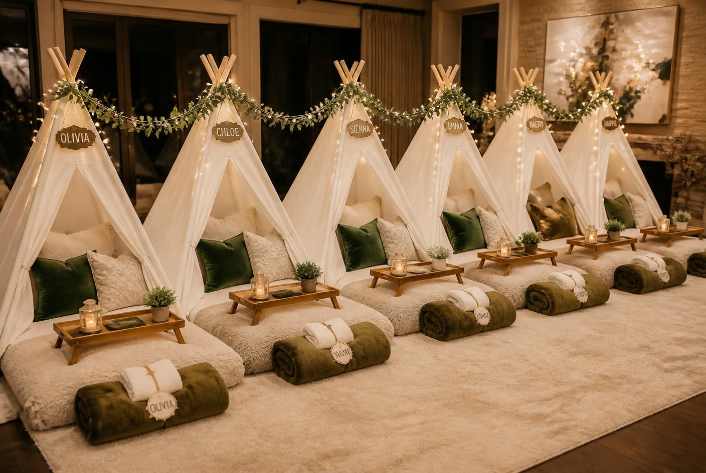 Six white teepee tents lined up in a styled sleepover setting